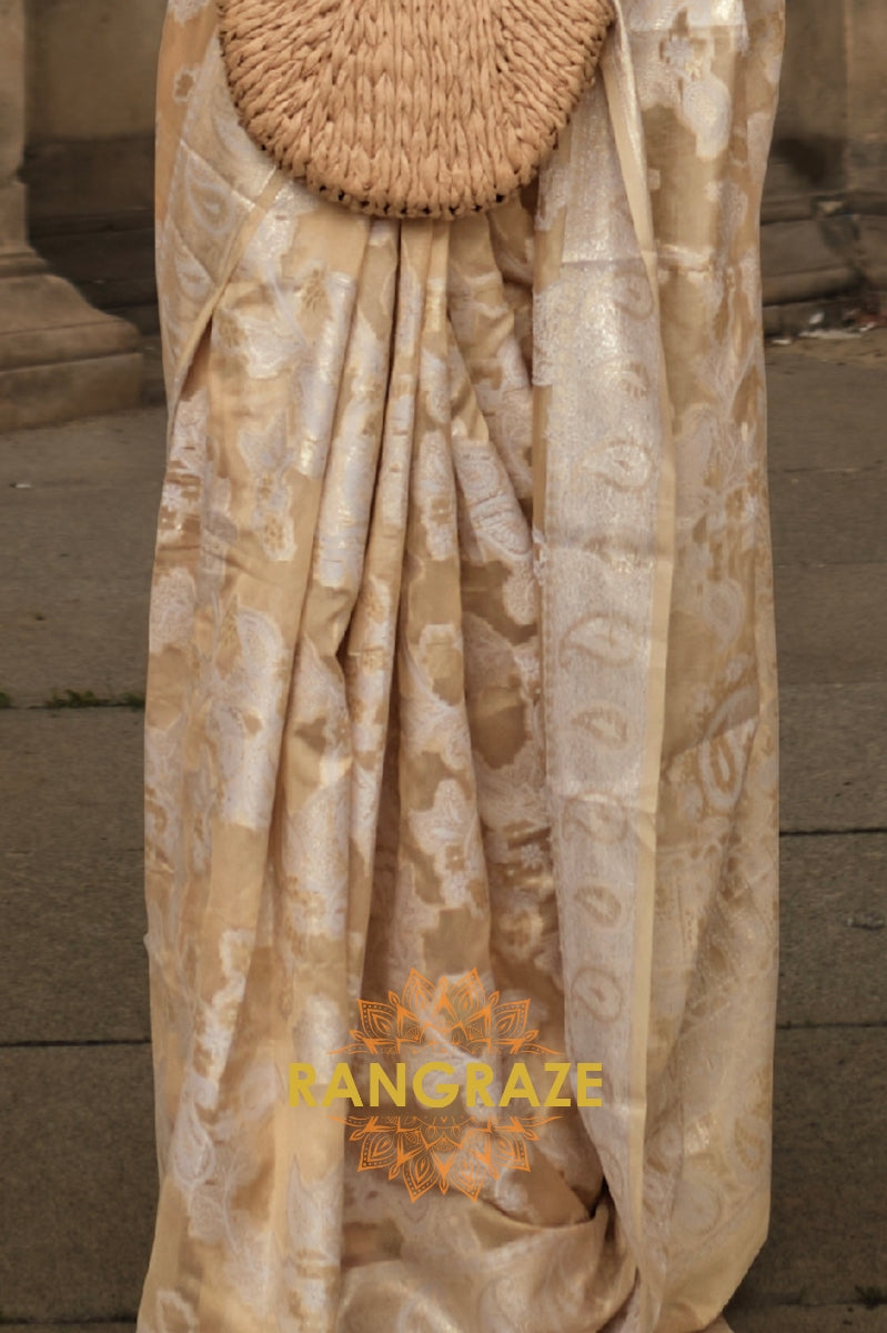 Golden Beige Woven Lucknowi Organza Silk Saree