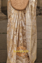 Golden Beige Woven Lucknowi Organza Silk Saree