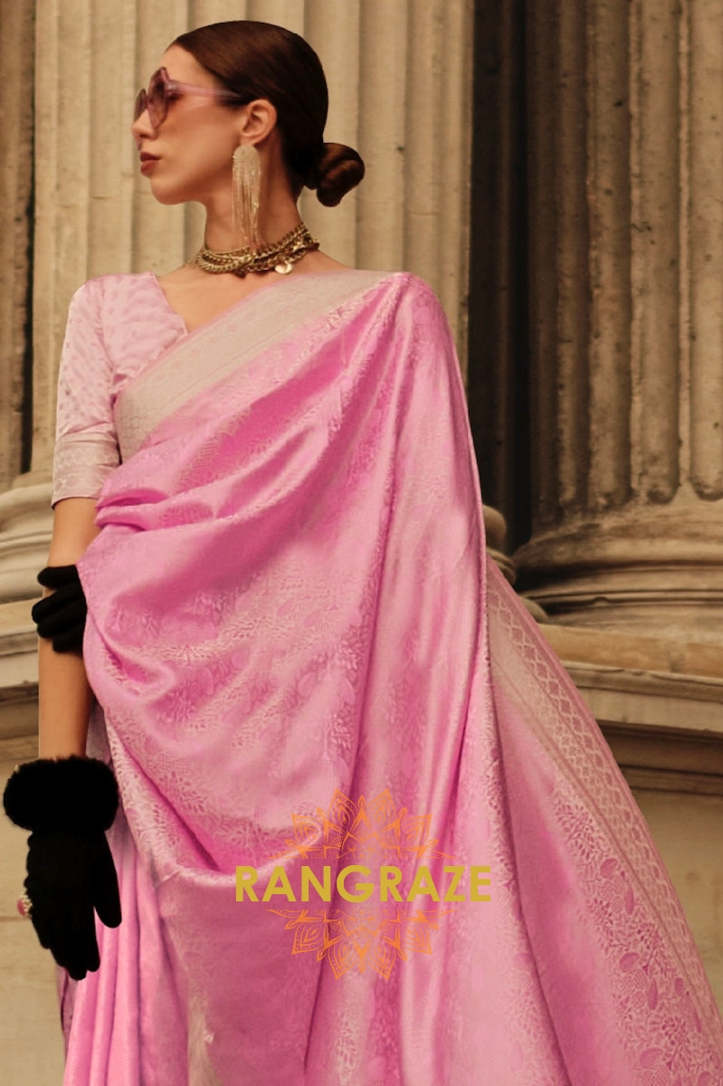 Royal Pink Pure Satin Handloom Weaving Silk Banarasi Saree