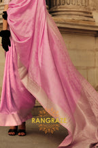 Royal Pink Pure Satin Handloom Weaving Silk Banarasi Saree