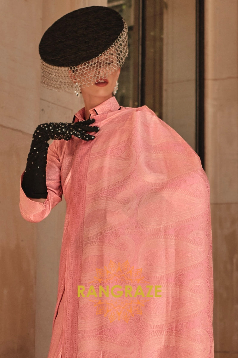 Orchid Peach Pure Satin Handloom Weaving Banarasi Silk Saree