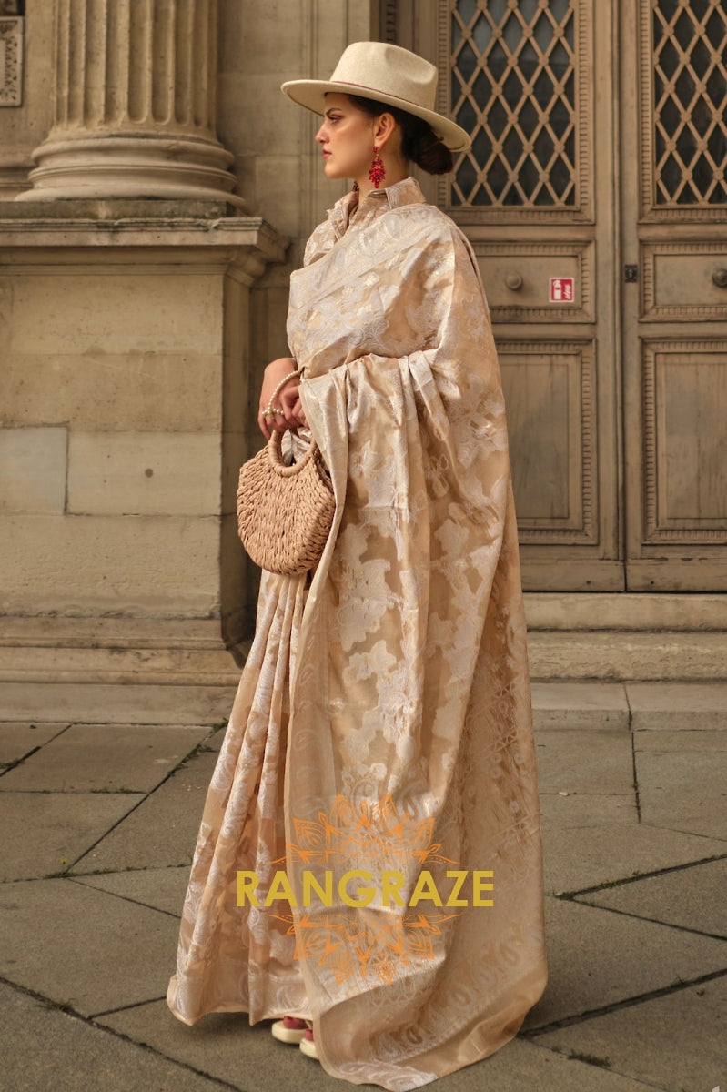 Golden Beige Woven Lucknowi Organza Silk Saree