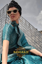 Mineral Blue Woven Satin Silk Saree With Brocade Blouse