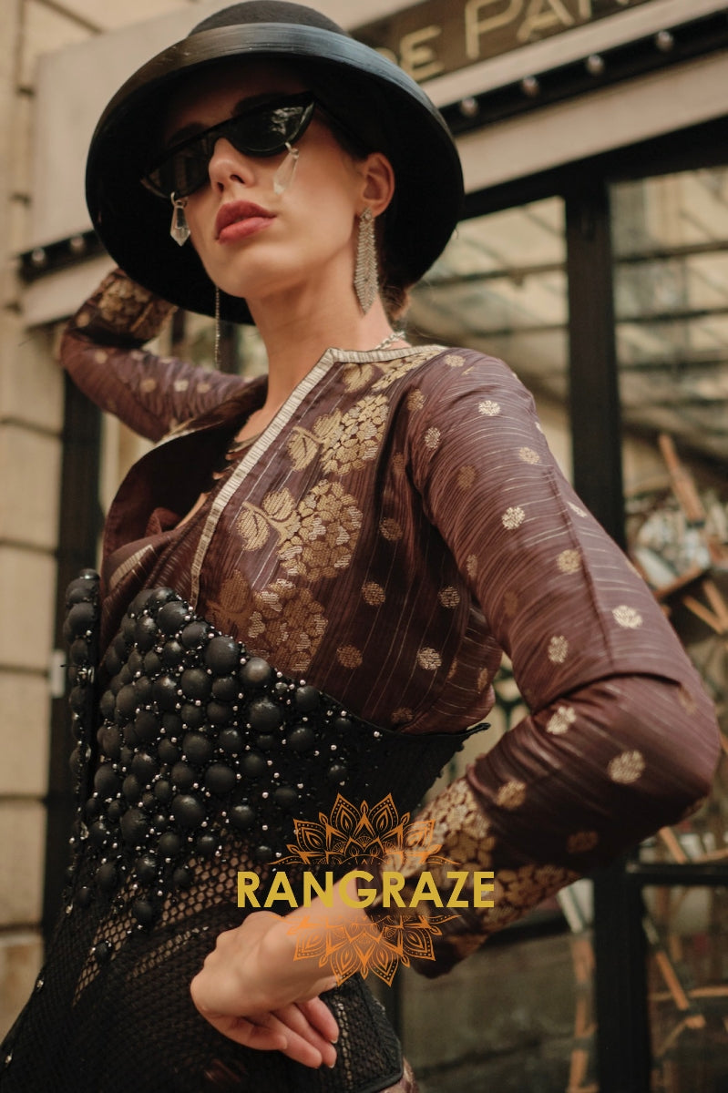 Deep Brown Pure Satin Zari Lining Handloom Weaving Banarasi Saree