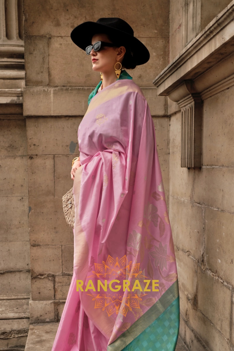 Rose Pink Soft Silk Handloom Weaving Banarasi Saree