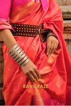 Orange Pink Woven Banarasi Soft Silk Saree