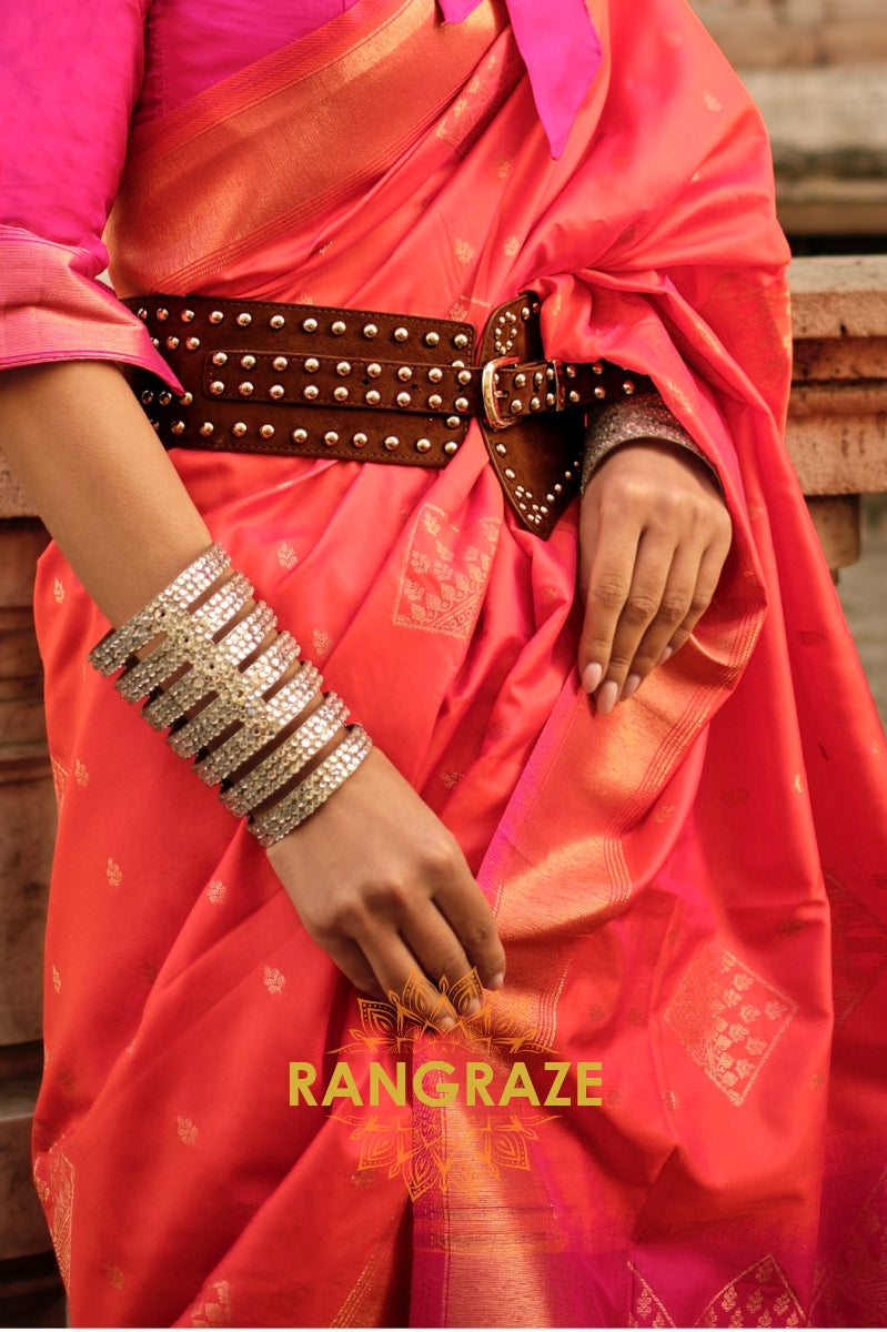 Orange Pink Woven Banarasi Soft Silk Saree
