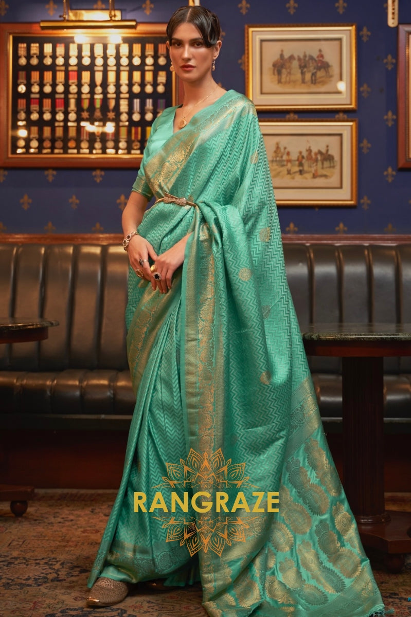 Sea Green Golden Zari Woven Banarasi Silk Saree