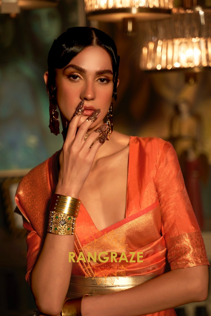 Imperial Royal Orange Woven Banarasi Silk Saree