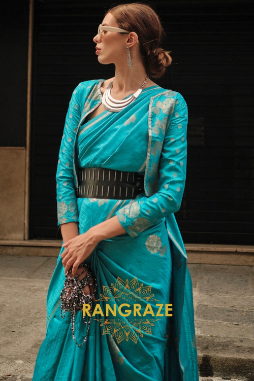 Azure Blue Pure Satin Zari Lining Handloom Weaving Banarasi Saree