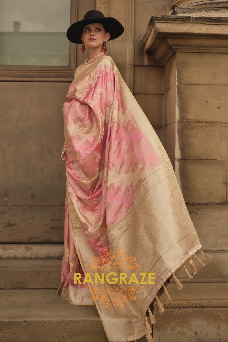 Imperial Orange Rangkat Satin Handloom Weaving Silk Banarasi Saree