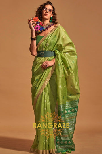 Prism Lime Green Woven Banarasi Silk Saree