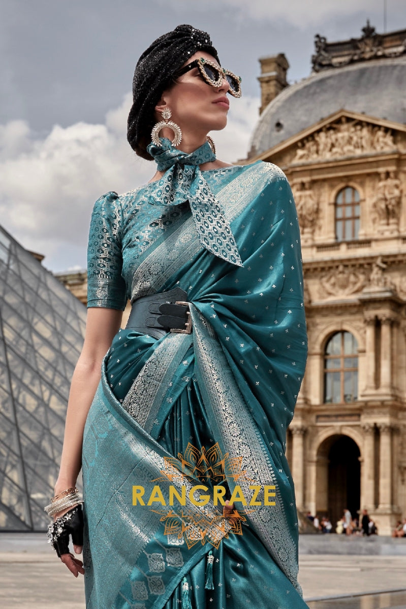 Mineral Blue Woven Satin Silk Saree With Brocade Blouse