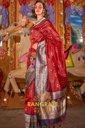 Apple Red Woven Banarasi Soft Silk Saree