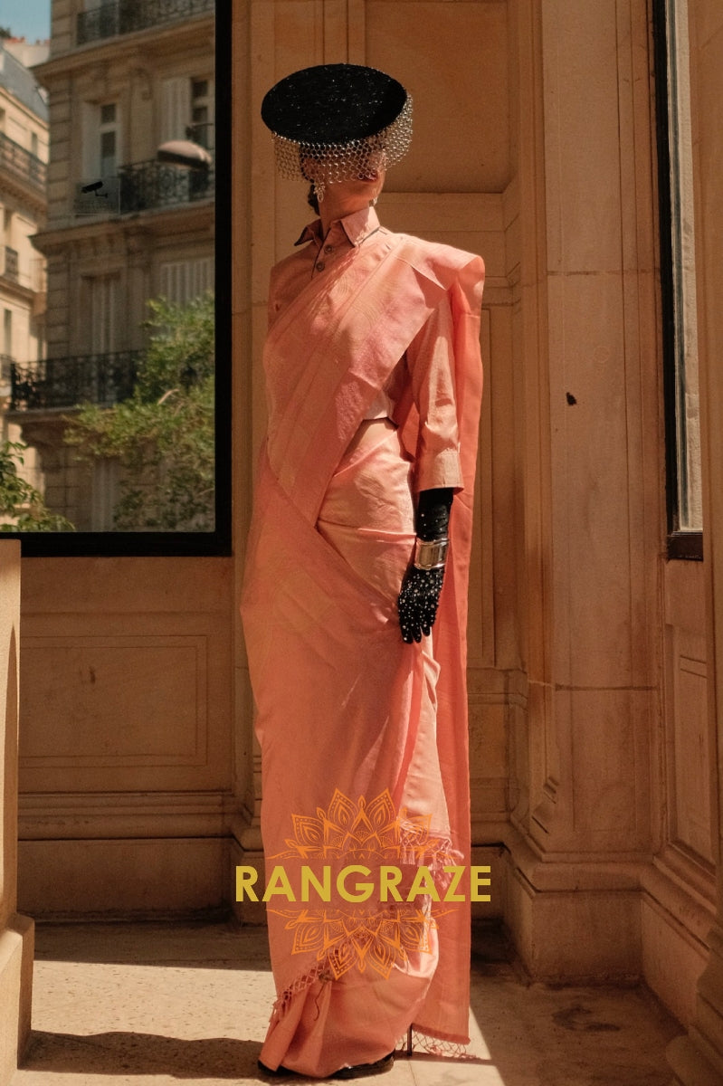 Orchid Peach Pure Satin Handloom Weaving Banarasi Silk Saree