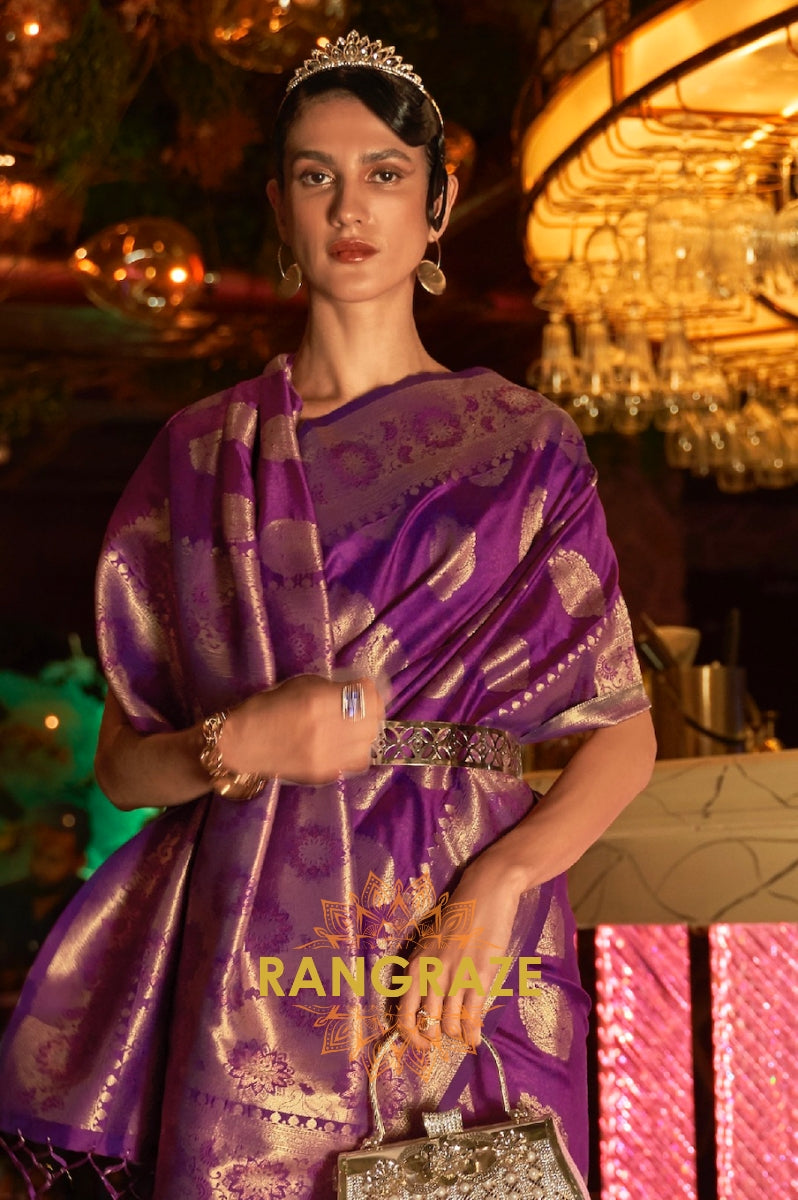 Violet Purple Woven Banarasi Brocade Silk Saree