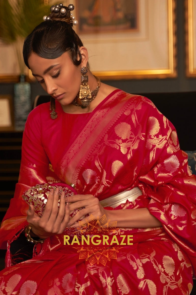 Crimson Red Zari Work Handloom Banarasi Silk Saree