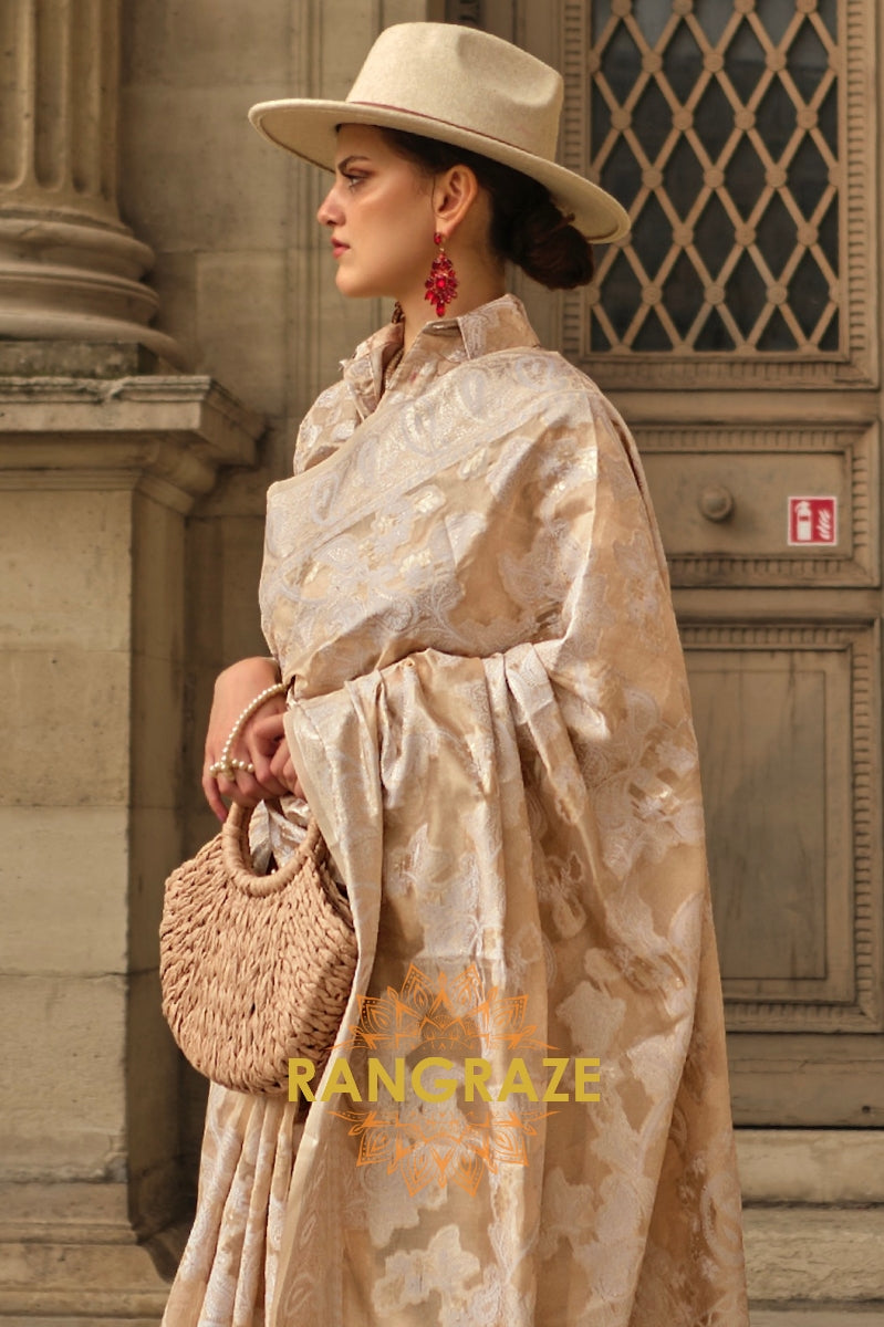 Golden Beige Woven Lucknowi Organza Silk Saree