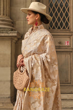 Golden Beige Woven Lucknowi Organza Silk Saree