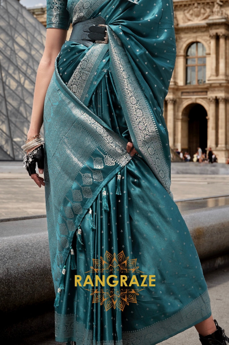 Mineral Blue Woven Satin Silk Saree With Brocade Blouse
