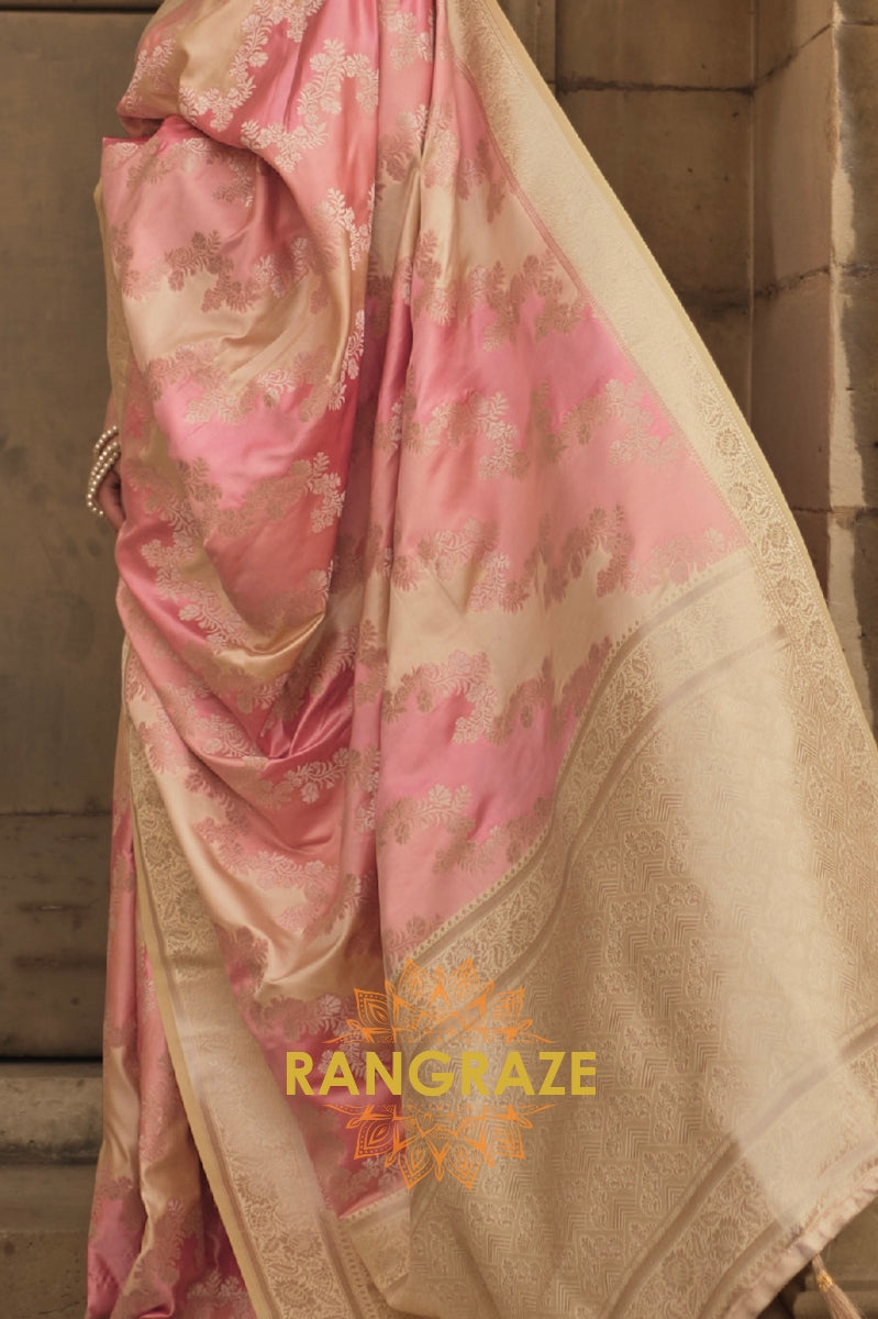 Imperial Orange Rangkat Satin Handloom Weaving Silk Banarasi Saree