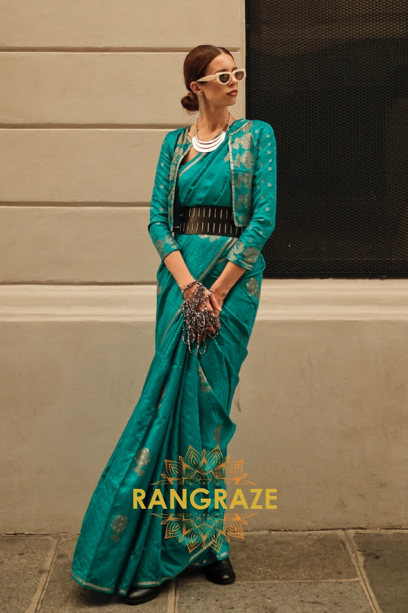 Azure Blue Pure Satin Zari Lining Handloom Weaving Banarasi Saree