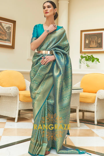 Teal Blue Woven Kanjivaram Silk Saree