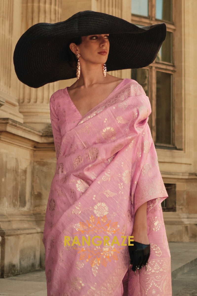Pink Pearl Gota Handloom Weaving Silk Banarasi Saree