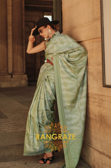 Parrot Green Pure Satin Handloom Weaving Banarasi Silk Saree