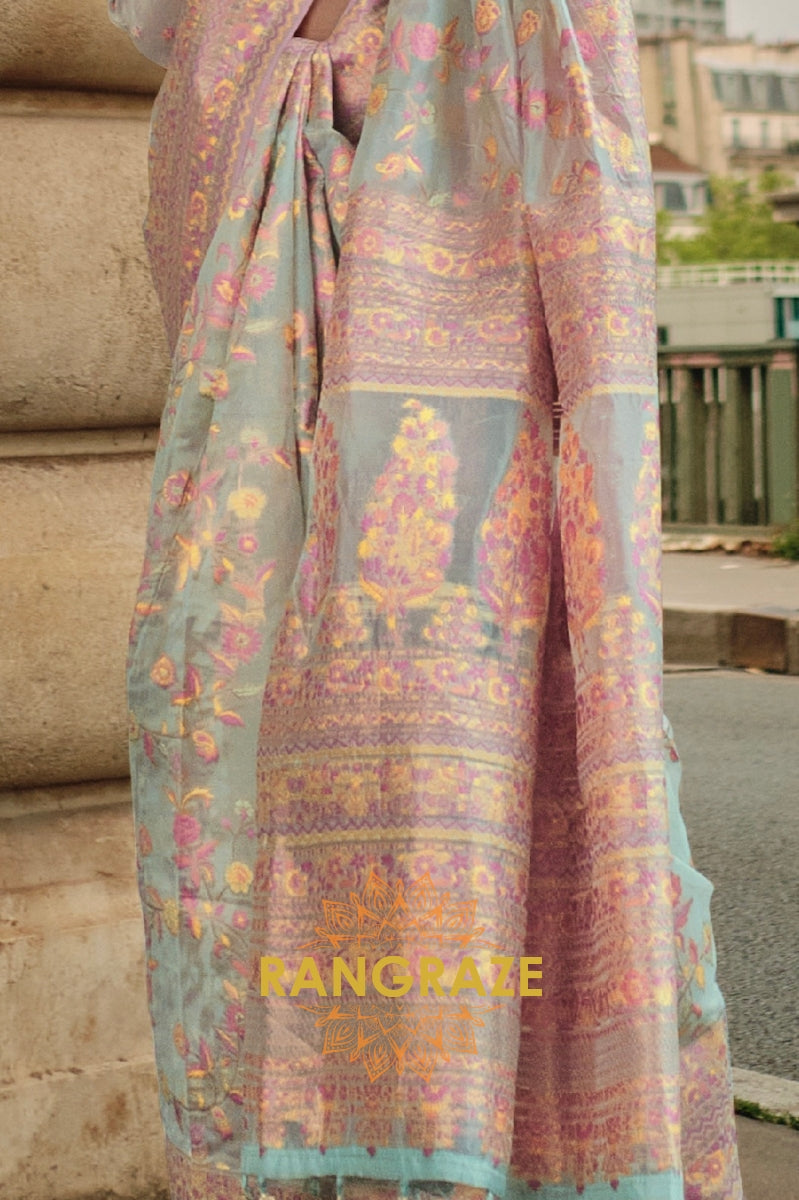 Rajwada Turquoise Blue Kashmiri Organza Handloom Weaving