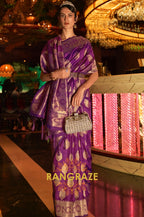 Violet Purple Woven Banarasi Brocade Silk Saree