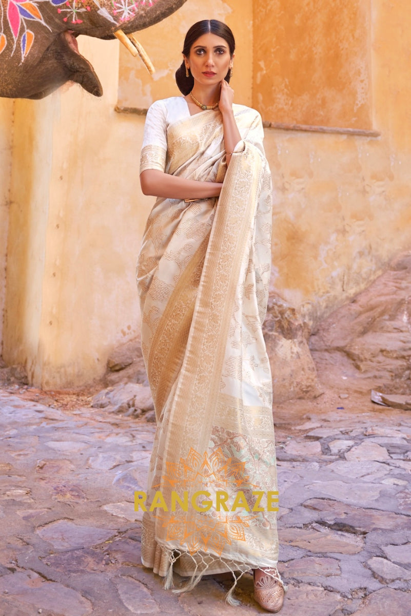 Ivory White Sequins Handloom Weaving Banarasi Silk Saree