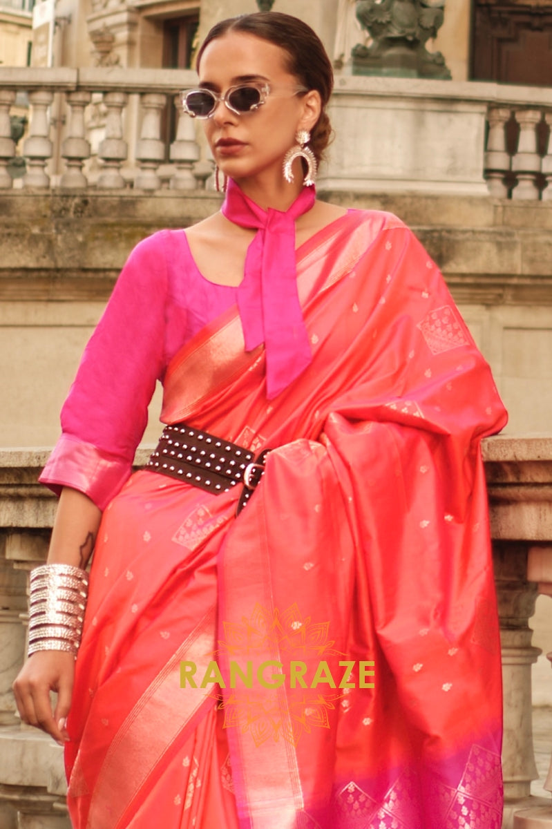 Orange Pink Woven Banarasi Soft Silk Saree
