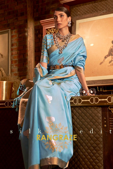 Antique Sky Blue Woven Banarasi Saree With Brocade Blouse