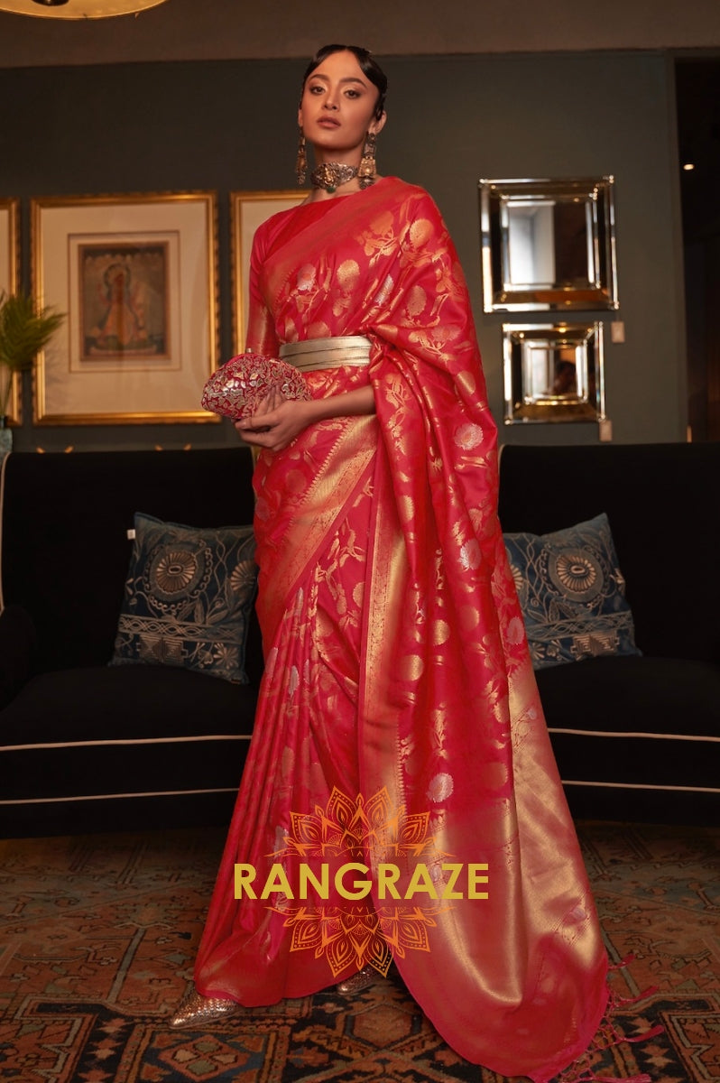 Crimson Red Zari Work Handloom Banarasi Silk Saree