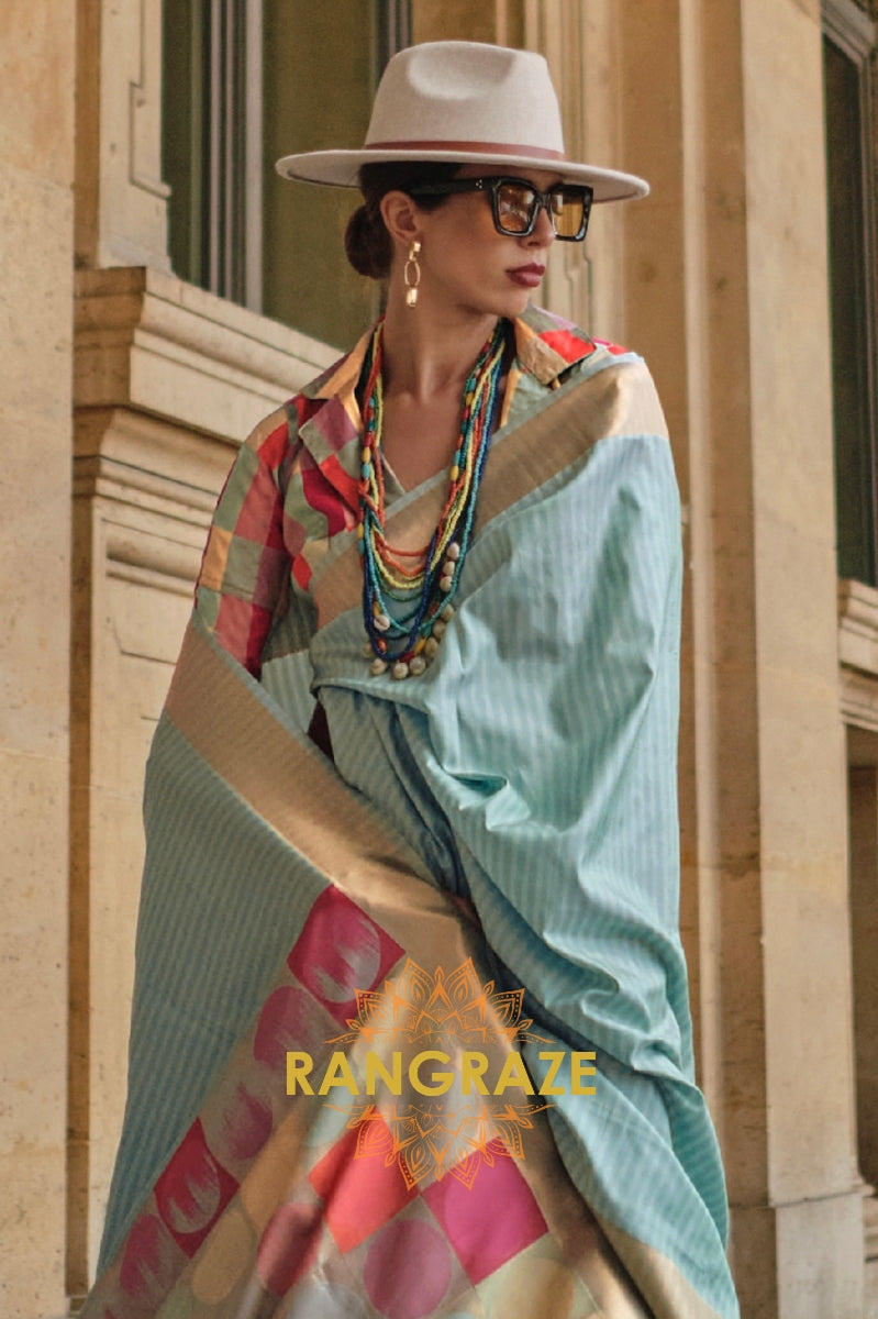 Azure Blue Soft Silk Handloom Weaving Banarasi Saree