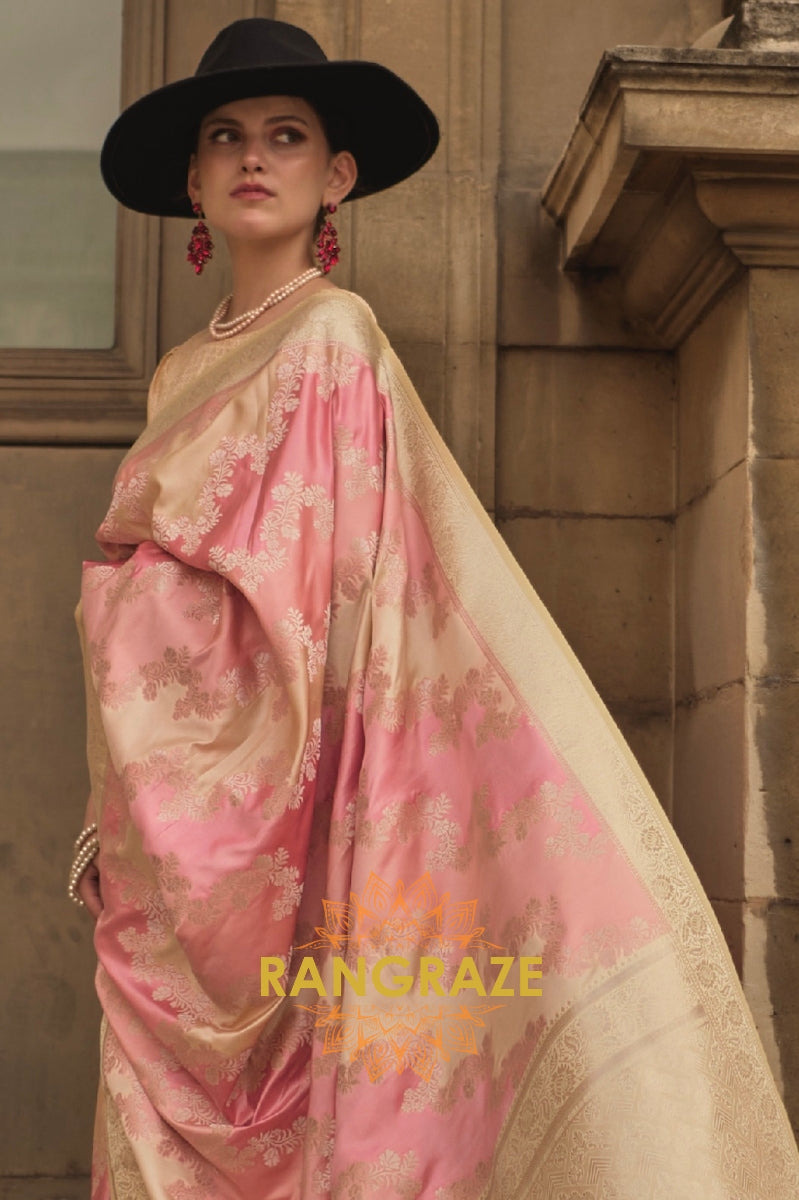 Imperial Orange Rangkat Satin Handloom Weaving Silk Banarasi Saree