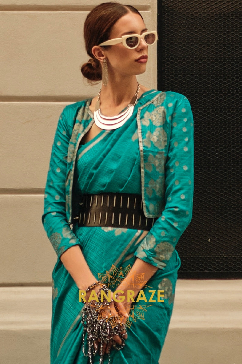 Azure Blue Pure Satin Zari Lining Handloom Weaving Banarasi Saree