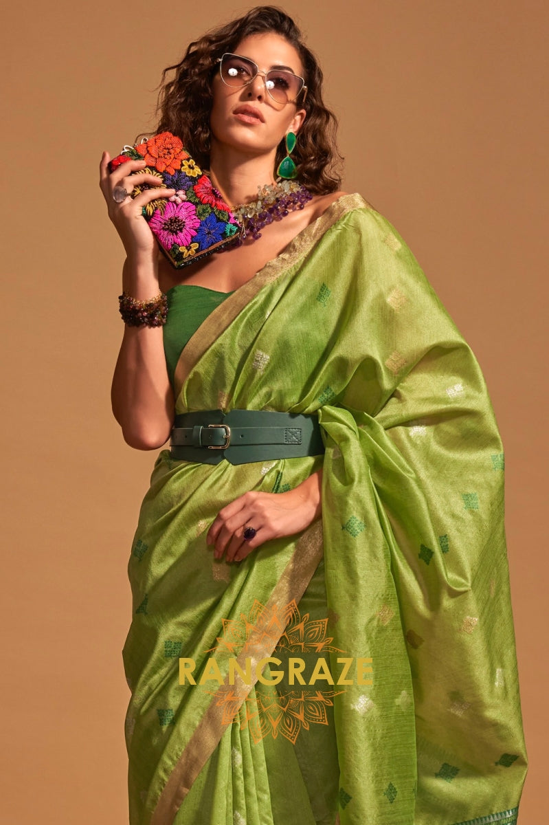 Prism Lime Green Woven Banarasi Silk Saree