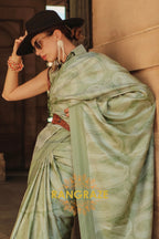 Parrot Green Pure Satin Handloom Weaving Banarasi Silk Saree