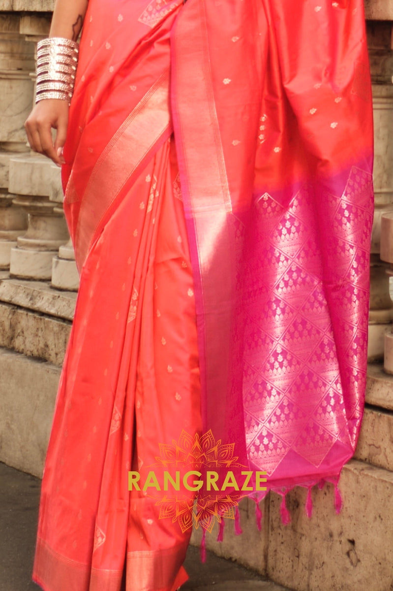 Orange Pink Woven Banarasi Soft Silk Saree