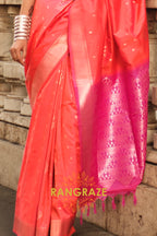 Orange Pink Woven Banarasi Soft Silk Saree