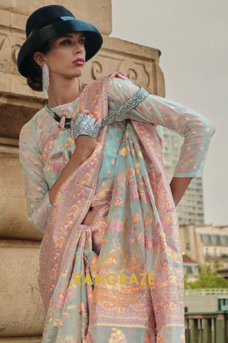 Rajwada Turquoise Blue Kashmiri Organza Handloom Weaving