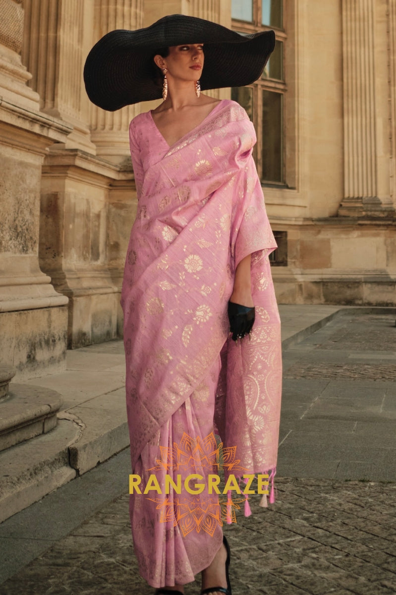 Pink Pearl Gota Handloom Weaving Silk Banarasi Saree