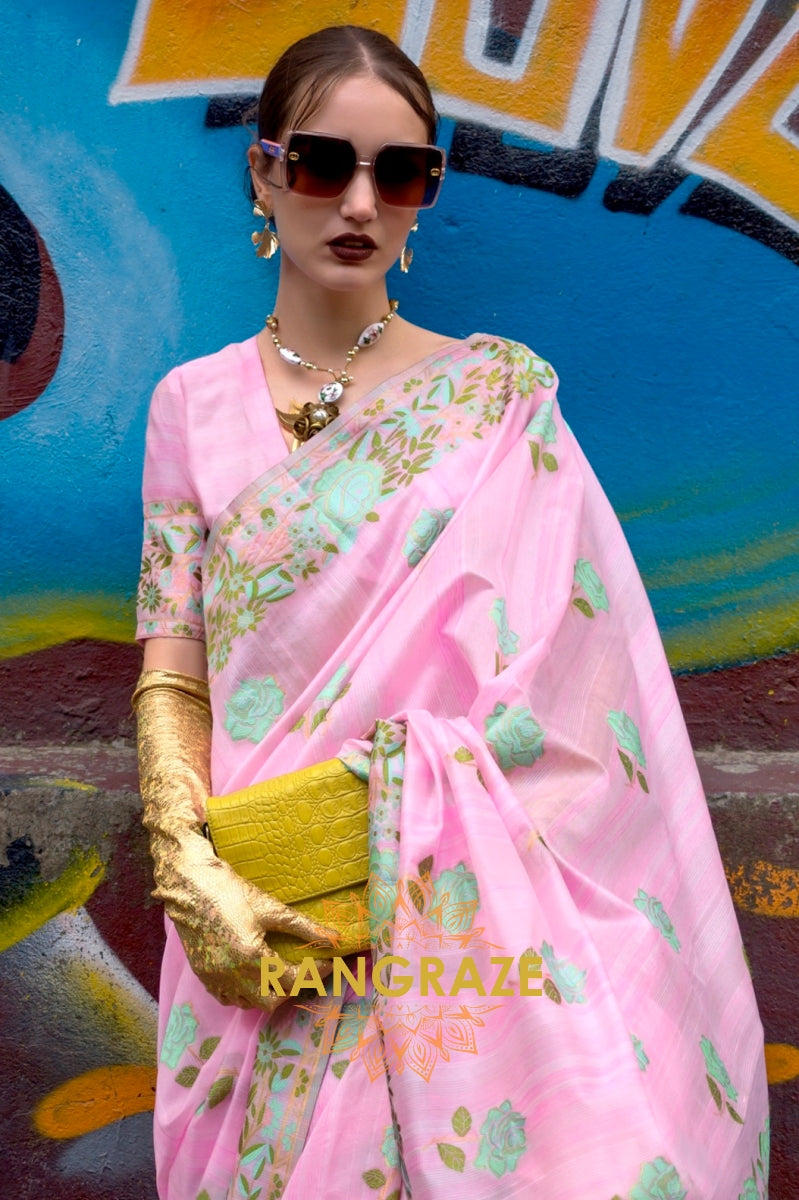 Floral Pink Parsi Weaved Cotton Silk Saree