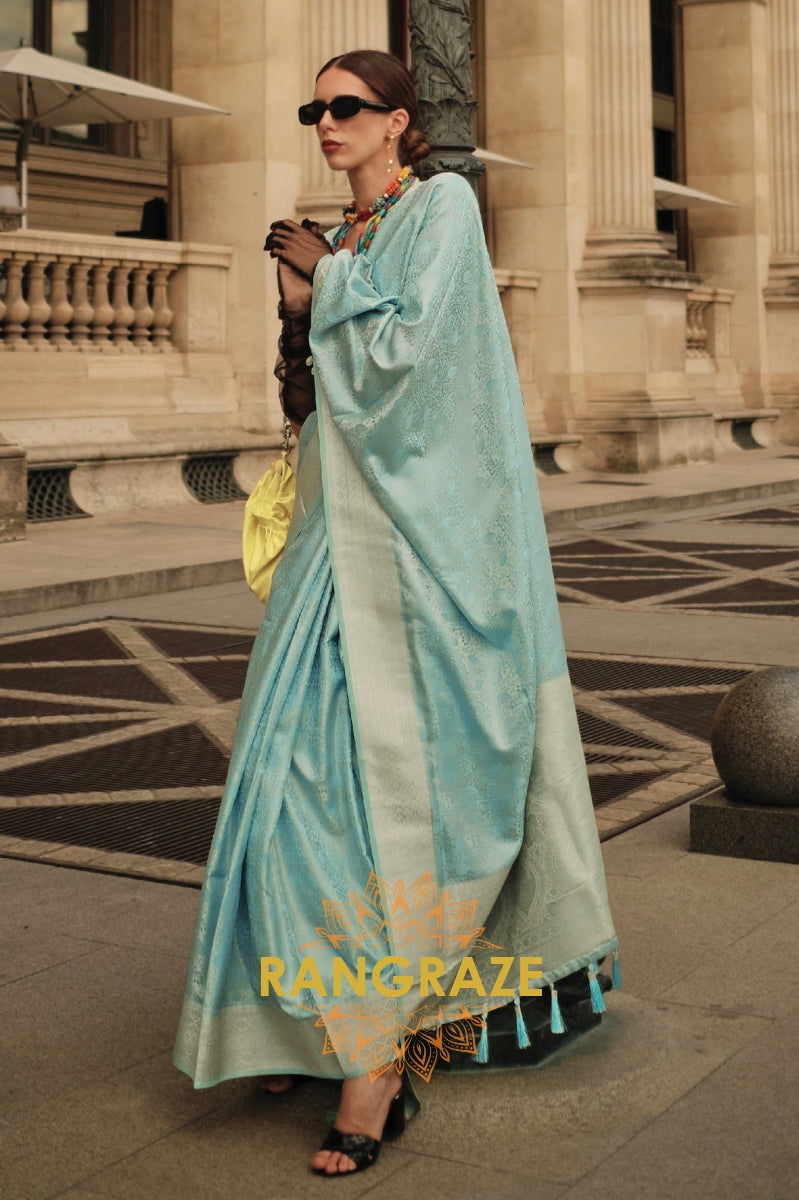 Royal Turquoise Blue Pure Satin Handloom Weaving Silk Banarasi Saree