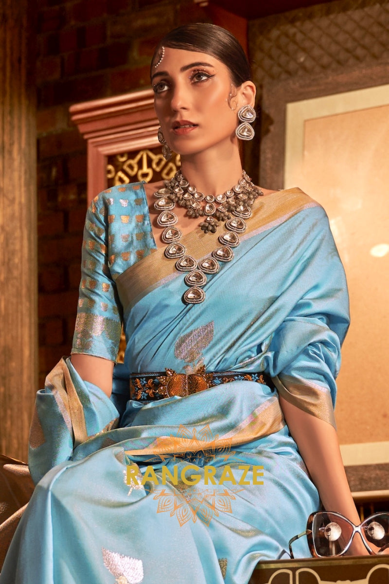 Antique Sky Blue Woven Banarasi Saree With Brocade Blouse
