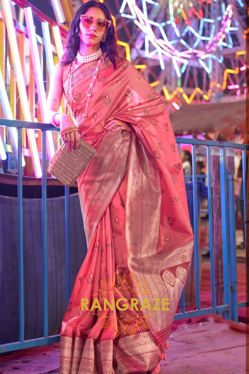 Regal Peach Pink Woven Banarasi Soft Silk Saree