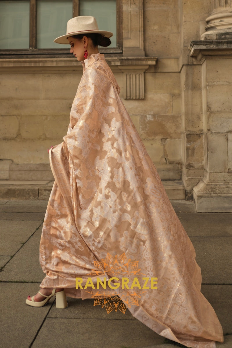 Golden Beige Woven Lucknowi Organza Silk Saree