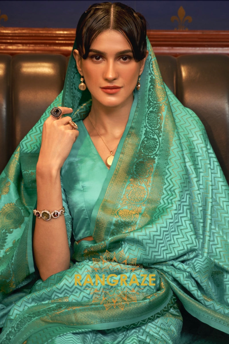 Sea Green Golden Zari Woven Banarasi Silk Saree